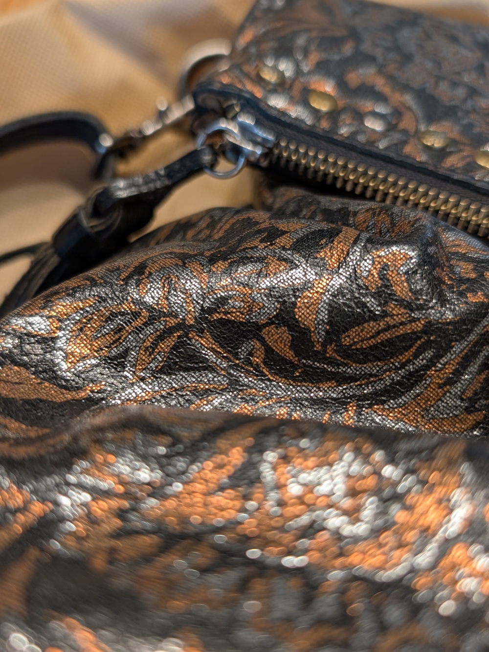 Patricia Nash Black and Bronze Floral Convertible Leather Backpack - Picture 7 of 7
